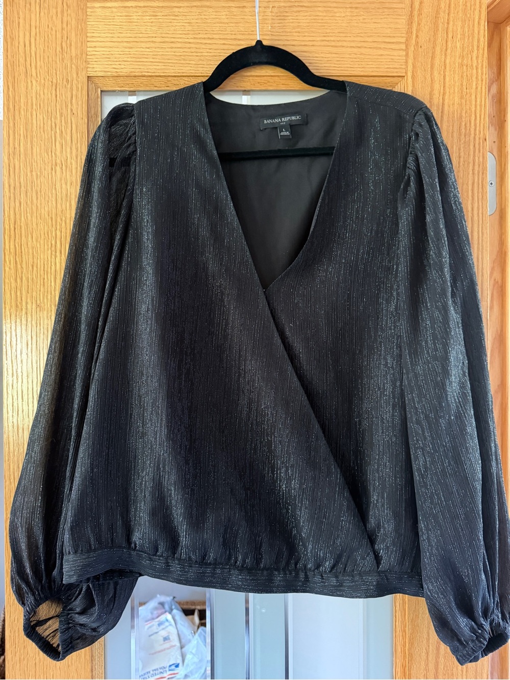 Banana Republic Black Metallic Wrap-Style Blouse